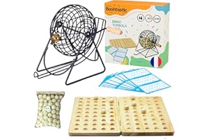 Bashtastic Bingo Jeux Loto - Bingo avec Boulier Loto Métallique, Tableau en Bois Pliable Gravé, 90 Boules en Bois Gravées et 102 Cartons Loto Réutilisables.