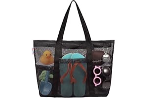 Tagitary Mesh Beach Bag with Zipper Large Beach Tote Waterproof Sandproof with 8 Pockets for Toys Pool Bag Beach Accessories