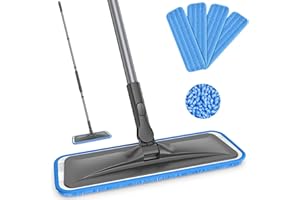 BPAWA Microfibre Mops for Cleaning Floors: Flat Floor Mop with 4 Washable Pads Wet Dry Mopping for Hard Wood Laminate Tile Vinyl Home Kitchen Surfaces Walls - 150cm Adjustable Handle