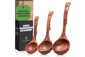 WOODENHOUSE Cucharones de Cocina - Juego de 3 Utensilios de Cocina Madera de Teca con Ganchos Traseros para Ollas y Cuencos. Cucharas de Madera para Servir y Cocinar. Accesorios Cocina Antiadherentes