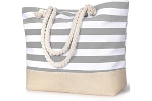 Zusentee Sac de Plage,Sac de Plage Femme,Sac de Plage XXL Extra Large Famille,Grande Capacité Sac de Plage Sac de Plage Imperméable à Rayures, Gris