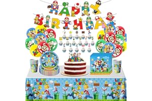 STUINMOLL Super Mario Geburtstag Deko, Mario Dekoration für Kindergeburtstagsparty, Super Mario Party Deko Geschirr Set Enthält Banner Luftballons Kuchen Topper Teller Tassen Servietten und Tischtuch