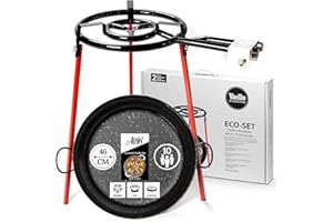 Alises - Set di cottura per paella (Eco-Set) con padella per paella in acciaio smaltato (46 cm) - bruciatore a gas (40 cm) e treppiede
