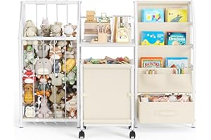 Ovshnrr Kids Bookshelf and Toy Storage, Montessori Baby Bookcase with Stuffed Animal Storage and Drawers, 3-Tier Sling Book Shelf for Kids Room, Nursery, Kindergarten, Playroom, Metal Book (Wheeled)
