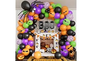 CONLEKE Halloween Balloon Garland Arch Kit, BOO Foil Balloon Spider Balloon Black Orange Purple Lime Green Confetti Balloon for Halloween Theme Party Indoor Outdoor Classroom Decorations