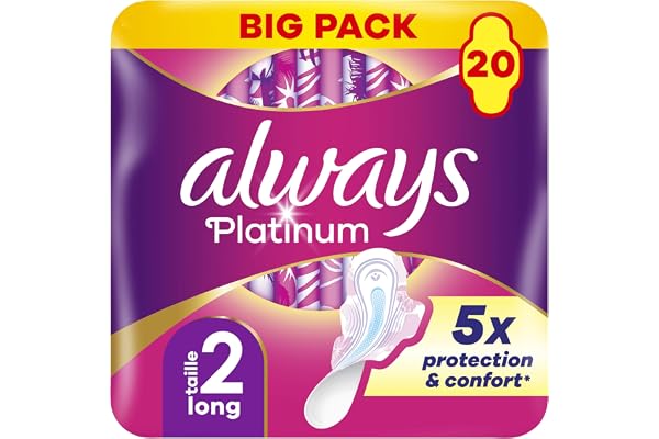 Always Platinum Serviettes Long (taille 2) Avec Ailettes20, Voile Supérieur Protecteur Ultra-Doux, Parfum Léger