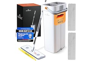 XL Wischmopp Set mit Eimer, 2-Kammer-System & 2 Mikrofaser-Pads, 40 cm Flachmopp mit Edelstahlstiel & Selbst-Auswringfunktion, 143–181 cm Teleskopstiel, Tierhaarentferner, Weiß – ALANBERG®