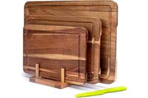 TJ POP Set di 3 Taglieri in Legno di Acacia con Scanalatura per Succo, Supporto e Coltello da Frutta in Omaggio, Tagliere Doppio Lato per Carne, Verdure e Formaggio.