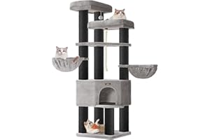 Feandrea Kratzbaum groß, mehrstöckiger Katzenbaum, XXL, 55 x 55 x 186,7 cm, 11 cm d Dicke Sisalstämme, für große Katzen wie Maine-Coon-Katze, Katzenkratzbaum, Taubengrau-tintenschwarz PCT008G02