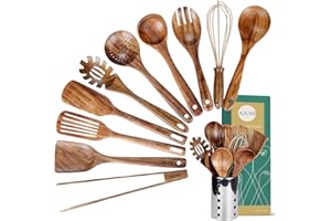 AIUHI Juego de uñas de cocina con soporte, utensilios de cocina de madera para cocinar, utensilios de madera de teca natural para cocinar, juego de utensilios de cocina de madera con espátula y cucharón
