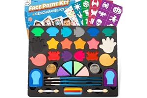 Kinderschminke Set, Oukzon 18 Große 32 PCS Professionelle Gesichtsfarbe mit 32 Schablonen, 116 Strasssteine, 2 Haarkreide, Glitzer - Kinder, Mädchen Schminkset Geschenk für Weihnachten Halloween