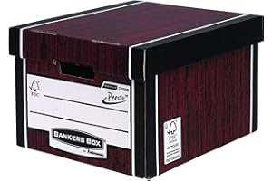 BANKERS BOX 10 Premium Classic Storage Box with Lids - Cardboard Storage Box with Lids for Office Storage - Archive Boxes with Handles - W33 x H25.4 x D38.1cm (Pack of 10) - Woodgrain
