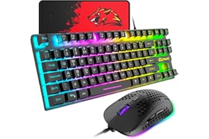 XINMENG Gaming Keyboard & Mouse 88 Keys Rainbow Backlit, QWERTY UK Layout, USB Mechanical feel Ergonomic Keyboard + RGB 6400DPI Ultra-Light Honeycomb Shell Gaming Mouse,for PS4,PS5,Xbox,PC,Laptop,MAC, Black