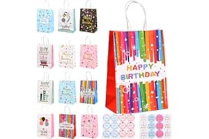 Cozlly 12 Pezzi Kraft Sacchetti Regalo Compleanno con adesivi, Sacchetti Carta con Manici, Sacchettini Compleanno Bambini, Buste Regalo, Regalo da Festa Borse di Carta, per Bambini Feste di Compleanno