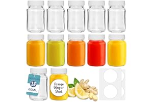HEFTMAN Glass Shot Bottles with Lids - 12 Pack 60ml Empty Mini Bottles for Ginger Shots with Cleaning Brush & Labels - Reusable, Clear, Airtight - Ideal for Juice, Oils, Sauces, Medicine