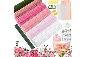 ZLPBAO Lot de Cure Pipe, 450 Pièces Fil Chenille, 6 Couleurs Bouquet de Fleurs avec Ruban Cadeau, Ruban adhésif, Fleur Artificiel pour Fournitures de Bouquet de Fleurs et de Décoration DIY (PINK)
