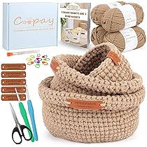 Kit Crochet Débutants – Apprendre à Crocheter Un Panier Rond En Laine Épaisse – Avec Crochet 4,5 Mm, Pelotes, Ciseaux, Étiquettes Cuir
