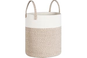 Univivi New Laundry Basket, 40L Foldable Blanket Baskets, Woven Storage Baskets with Sturdy Handle, Large Toy Storage Basket for Kids Baby, Nursery Decor Rope Basket, Khaki+White (35x40cm)