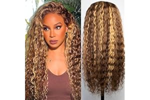 REBASAR Highlight Ombre Pelucas Mujer Pelo Natural Deep Wave 13x4 Lace Frontal Wig Human Hair Pelucas Cabello 150% Density Peluca Rizado Humana P4/27 Honey Blonde Color Brazilian Human Hair Wig 20 Pulgadas