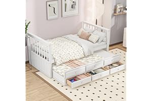 Ctastay Kinderbett Einzelbett Stauraumbett 90x200 cm, Bett Holzbett Tagesbett mit Stauraum Schubladen & Ausziehbares Rollbett, Jugendbett Familienbett Gästebett mit Lattenrost, Weiß, Ohne Matratze