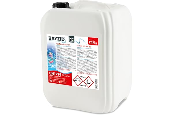 BAYZID® Chlore Liquide 1 x 12,5 kg – Désinfectant Piscine à Action Rapide, 13-15% de Chlore Actif – pour Systèmes de Dosage Automatique – Clarifiant Eau Cristalline – Idéal Spa, Jacuzzi, Pataugeoire