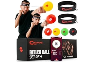 CHAMPS MMA Boxing Reflex Ball Set with Punch Counter App– 4 Box Balls with Varying Weights, 2 Headband and 4 Spare Strings to Improve Speed, Hand-Eye Coordination for Men, Kids Boxing Equipment MMA Gear Gift