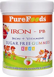 PureFoods IRON-PB Iron+Vitamins Sugar Free Vegetarian Chewable Gummies for Kids, Promotes Muscle Health, Builds Memory Power, with