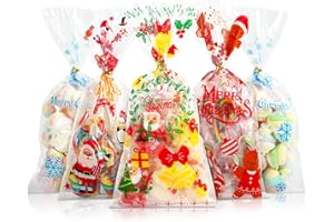 GWHOLE Sachet Biscuit Noël 100 Pcs Sachets Plastique Transparent Sachet Transparent Sacs Cadeau Noel Sachets en Cellophane pour Bonbon Chocolat Biscuit - 27 x 13 cm + 100 Fils de Torsion d’Or