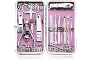 Keiby Citom Professional Stainless Steel Nail Clipper Set - Nail Tools Manicure & Pedicure Set of 12pcs - Travel & Grooming Kit with Luxurious Case (Pink)