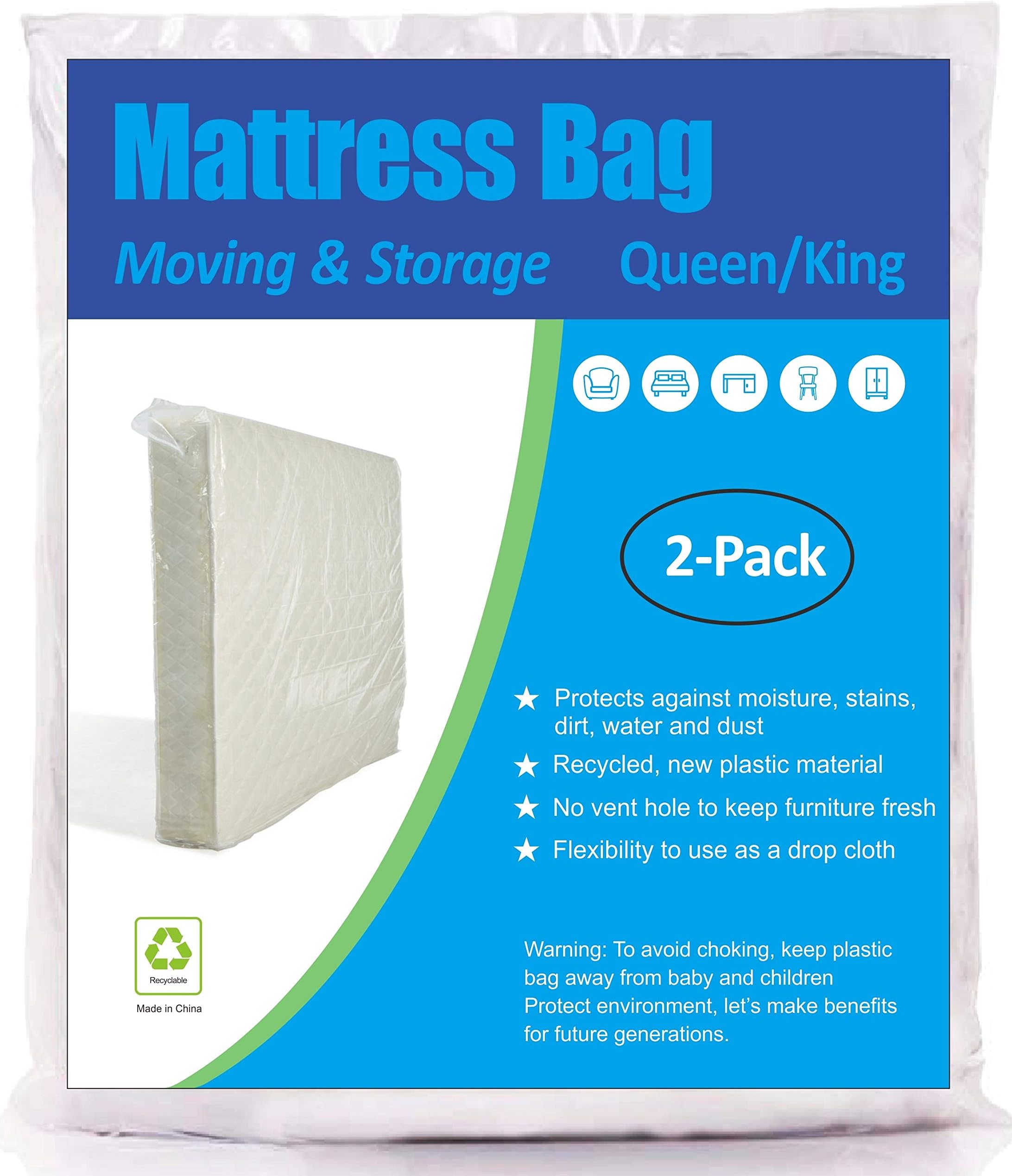 ComfortHome 1.5 Mil Mattress Bag for Moving and Storage (Clear, Queen/King Size) - 2 Pack