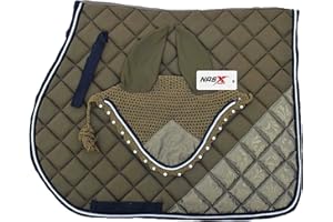 NASX Sports Luxury Saddle Pad with Matching Diamante Fly Veil Set Ear Bonnet Padded (FULL, OLIVE)