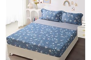 H HANSEL HOME Juego de Sábanas Cama 150, Juego Sábanas 150x190/200cm 4 Piezas, Microfibra Extra Suave, Sábanas Bajera Ajustable, Encimera, 2 Fundas de Almohada - Juego Sábanas Azul con Estampado de Flores