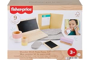 Fisher-Price Wood Pretend Play Work From Home Set, 9-Piece Office Playset with Wooden Toy Laptop & Phone for Preschool Kids Ages 3+ Years, HXV11
