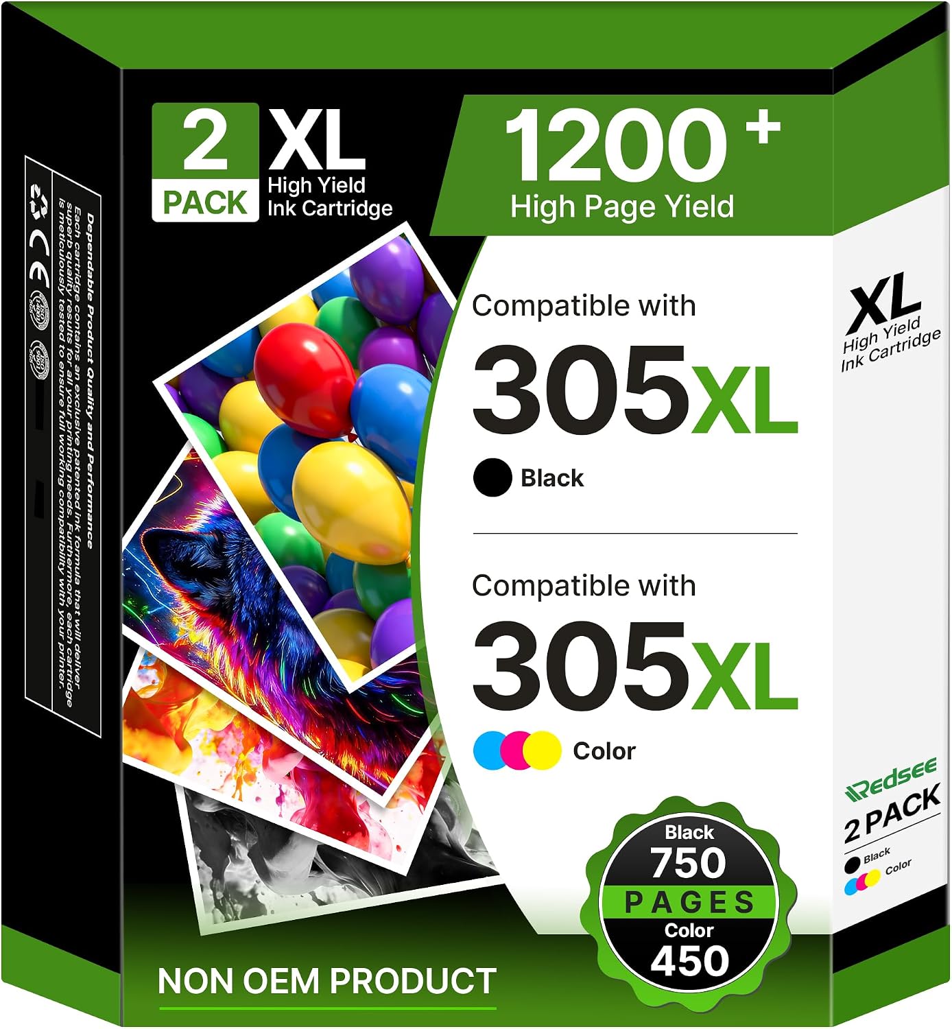Redsee 305XL Ink Cartridges Replacement for HP 305 Ink Cartridges Black and Colour 305xl for HP Deskjet 2810e Ink Cartridges Deskjet 2800e 2820e Envy 6020e Pro 6400 (2 Pack)