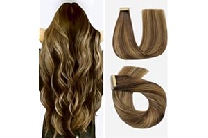 Hotlulana 22Pouces (55cm) Extension Adhesive Cheveux Humains Ombre Brun Chocolat Mixte Miel Blond Balayage Extension 20pcs 50g Tape Extension Adhesif Ombre Extension Adhesive Cheveux 100% Naturels