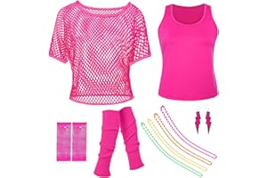 Matreeglam 80er 90er Jahre Netzoberteil Damen, 80er Jahre Outfit Damen Set, Neon Netz Shirt Mädchen, Retro Kostüm Accessoire mit Netzhandschuhe Beinstulpen für Mottoparty Karneval Neon Party