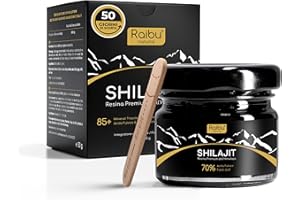 RAIBU Shilajit Himalayano Puro - Resina di Shilajit con 85+ Oligominerali e Acido Fulvico - Alta Potenza, 600 mg per dose giornaliera - Naturale, Vegano e Senza Aditivi