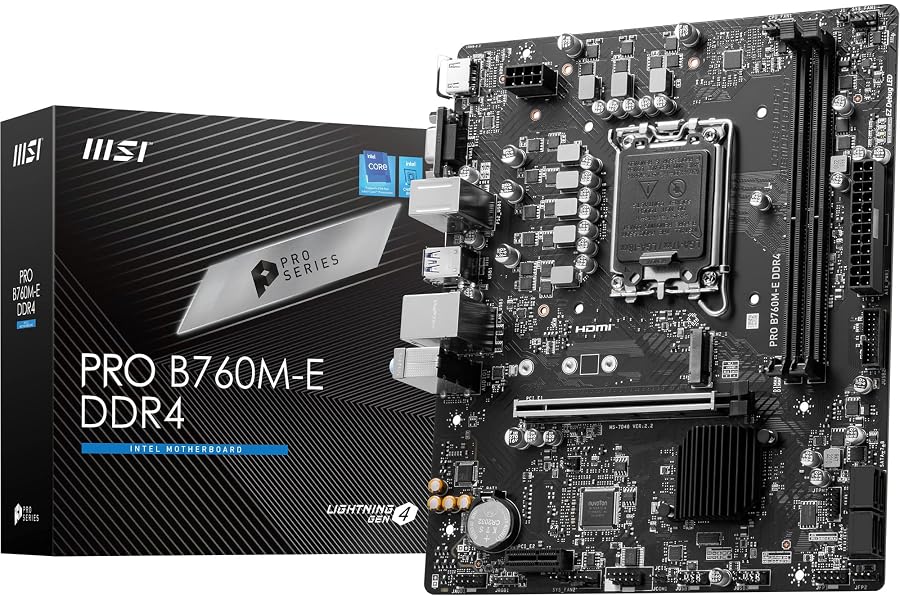 Amazon listing image: MSI PRO B760M-E DDR4 Motherboard, Micro-ATX - Supports Intel 14th, 13th & 12th Gen Core…