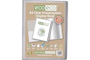 eco-eco A4 Size 50% Recycled 20 Pocket Clear Presentation Display Book, Storage Case Portfolio Art Folder with Plastic Sleeves, eco110