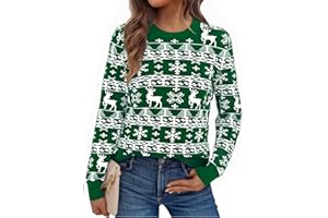 Litherday Sweter bożonarodzeniowy damski na Boże Narodzenie, sweter z dzianiny, okrągły dekolt, długi rękaw, renifery, płatki śniegu, miękki sweter, Boże Narodzenie, zima