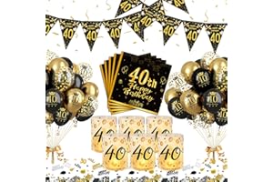 Puosike 40 Geburtstag Tischdeko Mann Frau, 40. Schwarz Gold Geburtstag Deko Luftballons, Happy Birthday Partydekorationen Set mit Windlicht Konfetti Servietten Banner