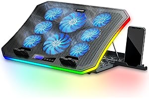 MOOJAY C50 Gaming Base Refrigeradora Portatil, 10 Modos Luces RGB Soporte Refrigeración Portátiles, 8 Alturas Ajustables con 8 Ventiladores y Soporte Teléfono per 15,6-17,3" Laptops - Azul