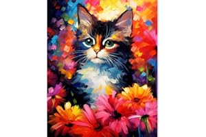 Tucocoo Cute Cat Paint by Number for Adults, DIY Digital Oil Painting Kits on Canvas with Brushes and Acrylic Pigment, Abstract Flowers Animal Hand-painted Style for Home Decor 16x20 inch (Frameless)
