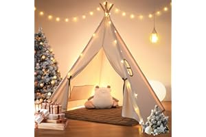 besrey Toddler Teepee Tent for Kids, Kids Play Tent with Padded Mat & Lights, Cotton Playhouse for Boys & Girls, Cozy Tipi Tent, Children's Play Tents in beige