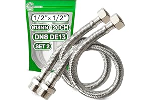 2 Piezas Latiguillos de Fontanería 20 cm Hembra 1/2” x Macho 1/2” DN8 DE13 - Latiguillo Fabricada en Acero Inoxidable Temperatura máx 70°C Presión de Trabajo 10 bar - Garantía de 5 Años - ONIX TECH
