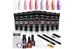 Poly Nail Gel Kit, Phoenixy Poly Nail Extension Gel Set 9 Colours 15ml Builder Enhancement Starter Kit with Slip Solution Basic Manicure Tools Gift Set for Women - PH01