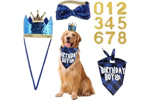 TUCNOEU Dog Birthday Hat with Bow Tie Collar and Gold Number,Dogs Birthday Party Supplies Plaid Boy Bandanas with Dog Party for Large Dogs Pets(Blue)