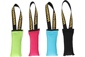 DINGO WALDEMAR RUTKOWSKI DINGO Set: 4 x Agility Dog Toys for Training, Fetch, Sports, Tug of War, Play - Lightweight, Floatable Tug Toy with Hand-Sewn Strong Stitching and Bungee Handle, 1 x Black, 3 x Vivid Colours Z30001