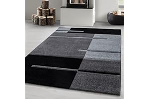 ‎CARPETSALE24 Carpetsale24 Konturenschnitt Teppich Wohnzimmer Grau - Schwarz 120 x 170 cm - Kurzflor Teppich Schlafzimmer Kariert Design Pflegeleicht und Extra Weich - Waschbarer Teppiche für Esszimmer Küche