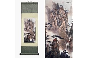 VALART Seta Scroll Pittura Decorazione Parete Asiatica Cascata Fiume Paesaggio Pittura - Autunno in Huangshan Paesaggio Montagna Arte Cinese Parete Rotolo Pittura Scorrimento Orientale Decorazione(94x30 cm)